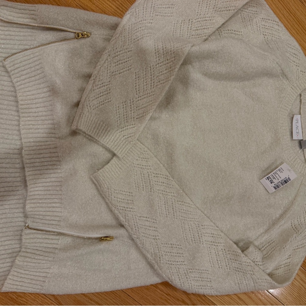 Sparkle Cream Knit Zip Pocket Sweater Kids